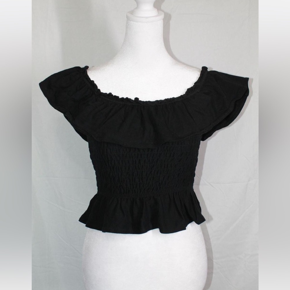 Miss Selfridge Black Off-Shoulder Ruffle Crop Top